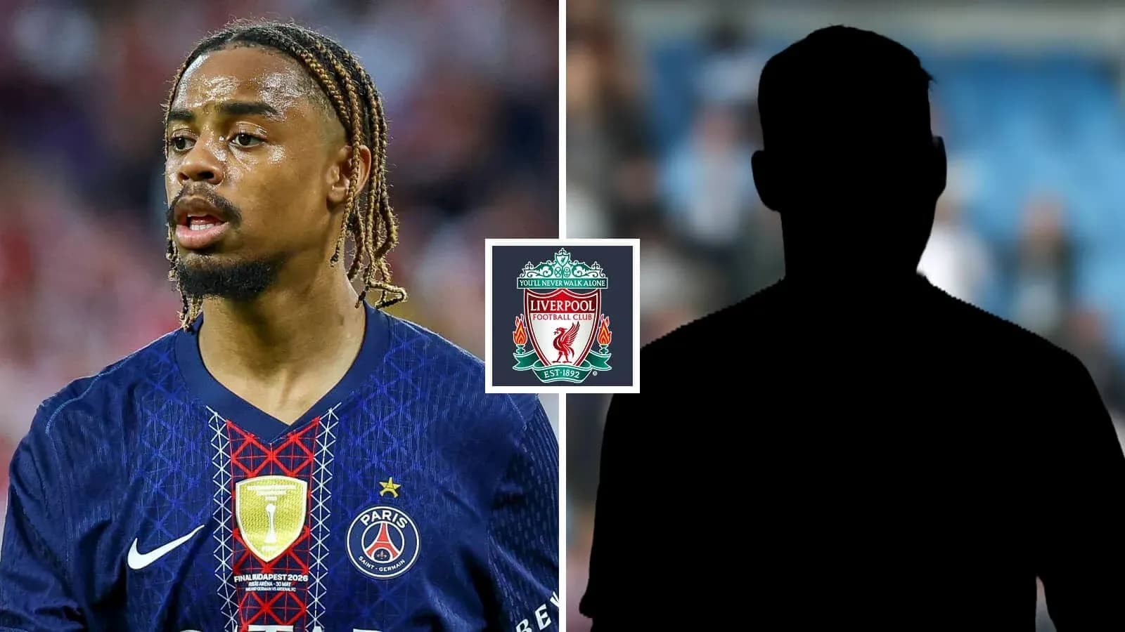 Player in PSG jersey with Liverpool logo overlay