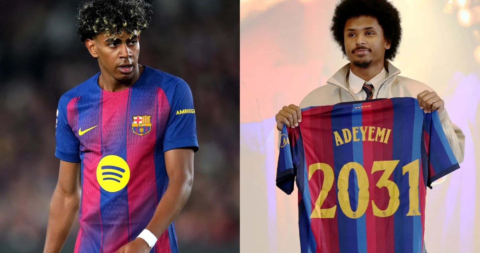 Two players in Barcelona jerseys; one on field, one presenting shirt