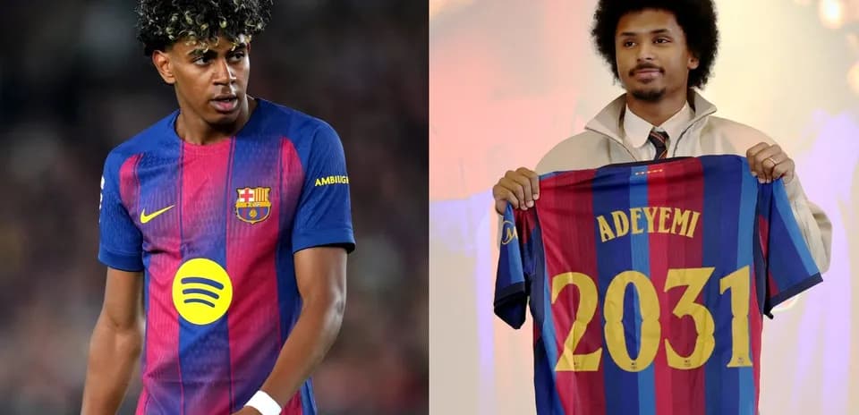 Two players in Barcelona jerseys; one on field, one presenting shirt