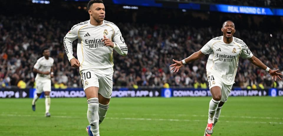 Mbappé celebrating a goal for Real Madrid
