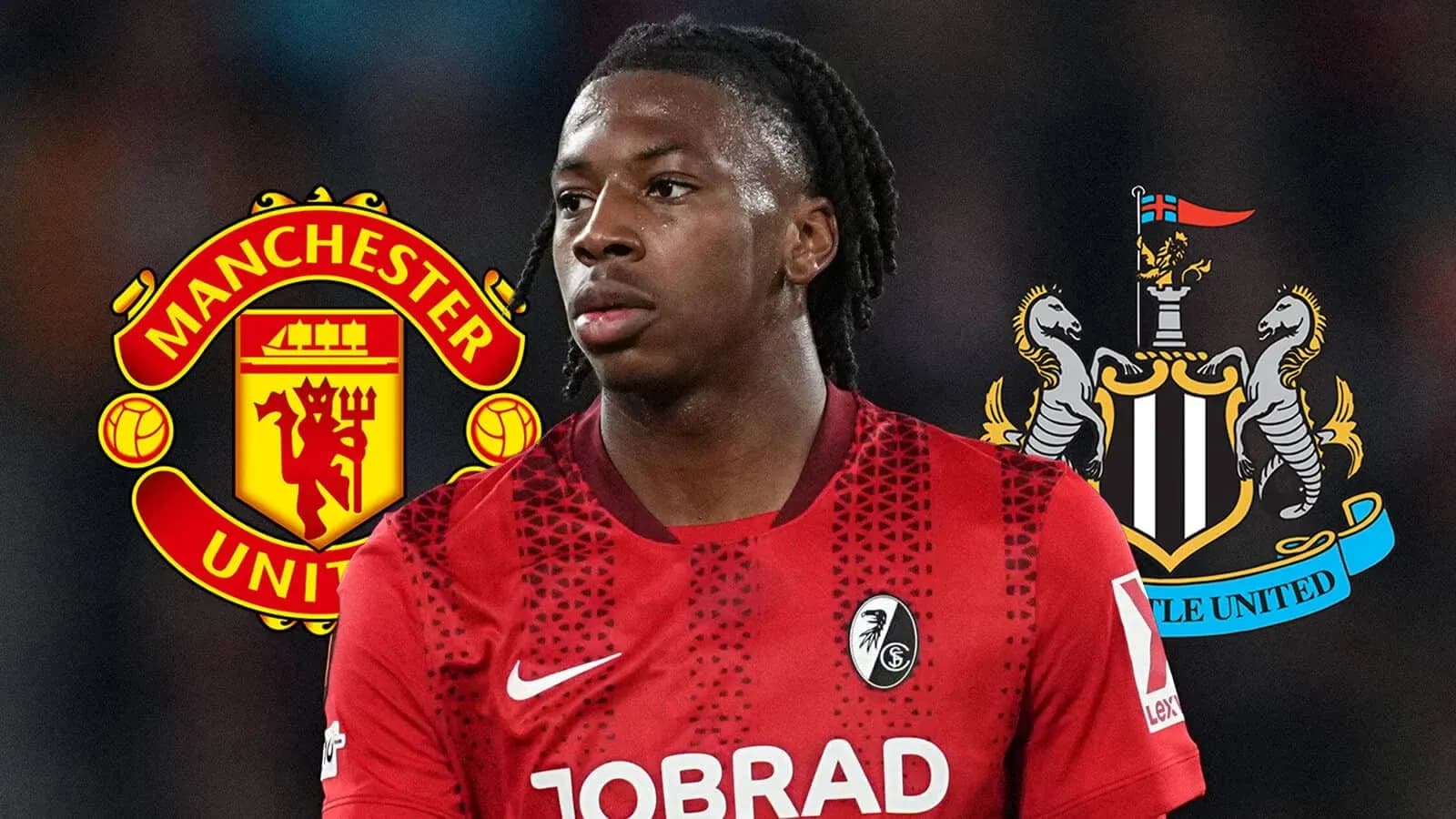 Player in red jersey with Manchester United and Newcastle logos