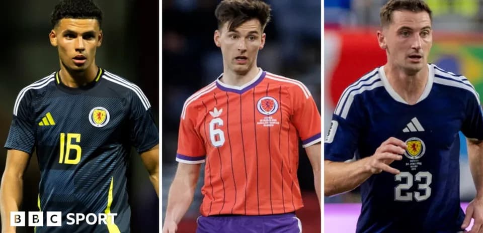 Three Scotland players in football kits during match