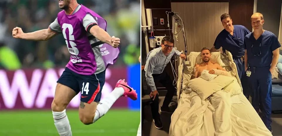 Player celebrating a goal and in hospital recovery