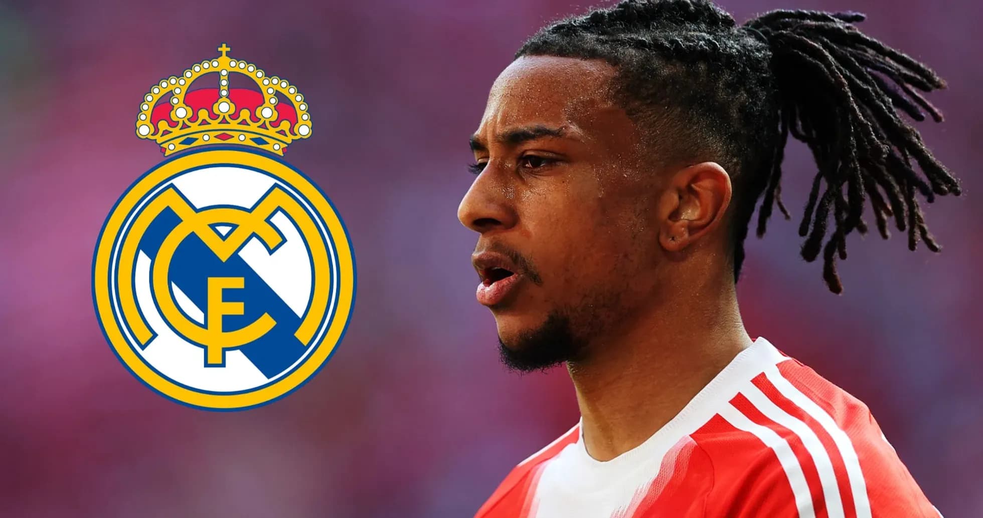 Player in red jersey with Real Madrid logo overlay