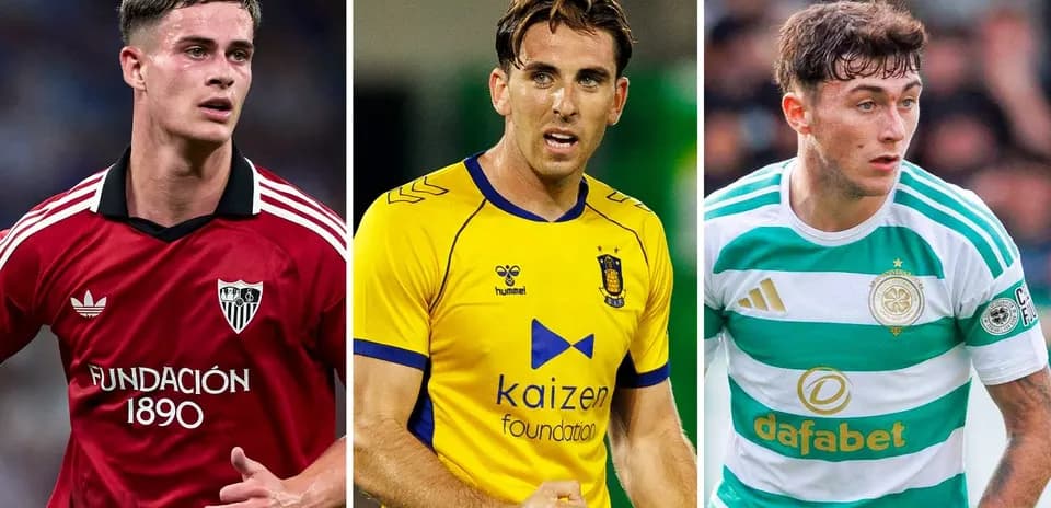 Three football players in different team jerseys