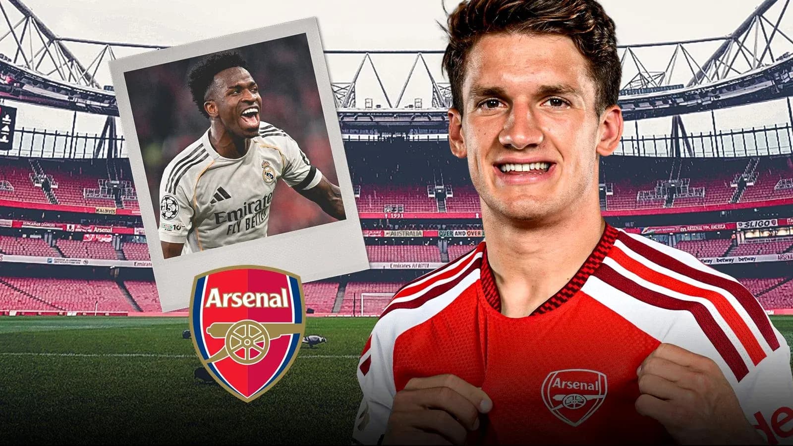 Two players featured with Arsenal logo and stadium