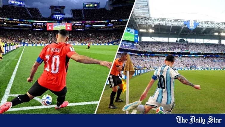 Salah and Messi taking corner kicks during matches