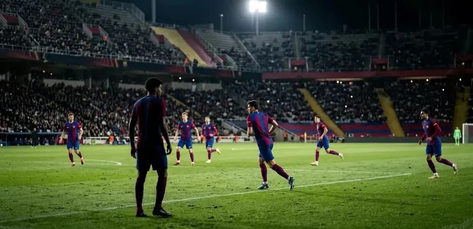 Barcelona players in action during night match