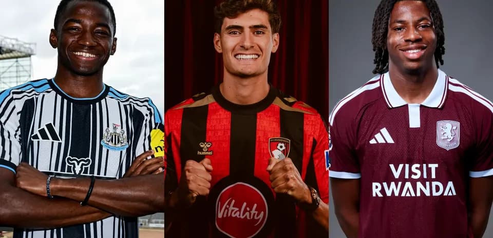 Three football players in club jerseys posing together