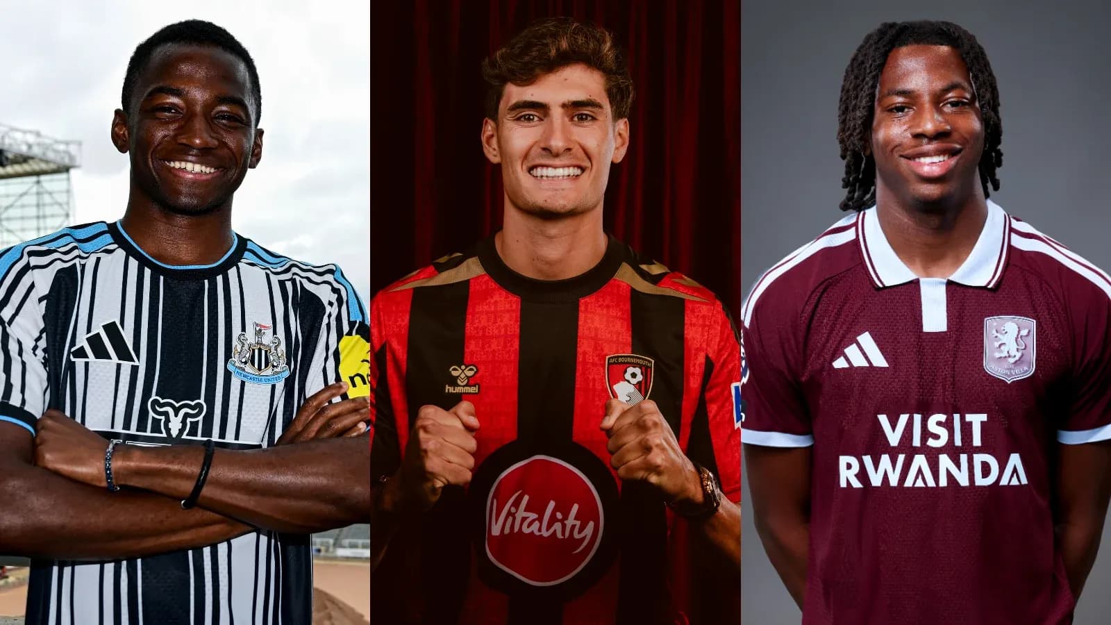 Three football players in club jerseys posing together