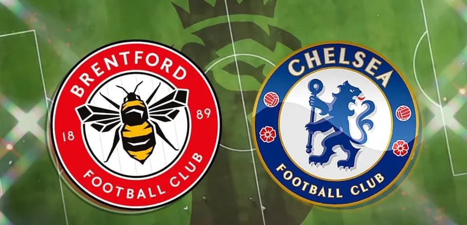 Brentford and Chelsea logos on football pitch background