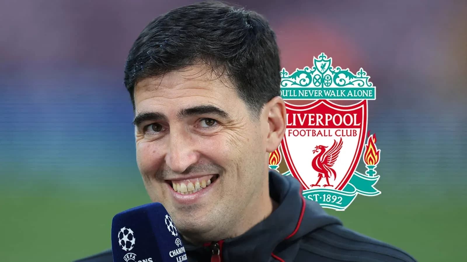 Person smiling with Liverpool FC logo background