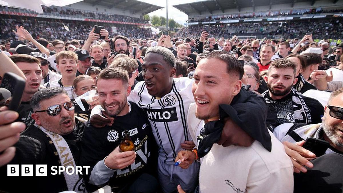 Fans celebrating with players in crowded stadium