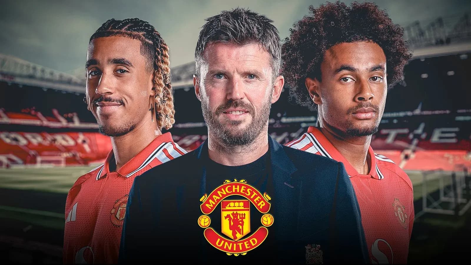 Three Manchester United players posing at Old Trafford