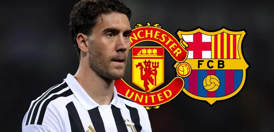 Juventus player with Manchester United and Barcelona logos