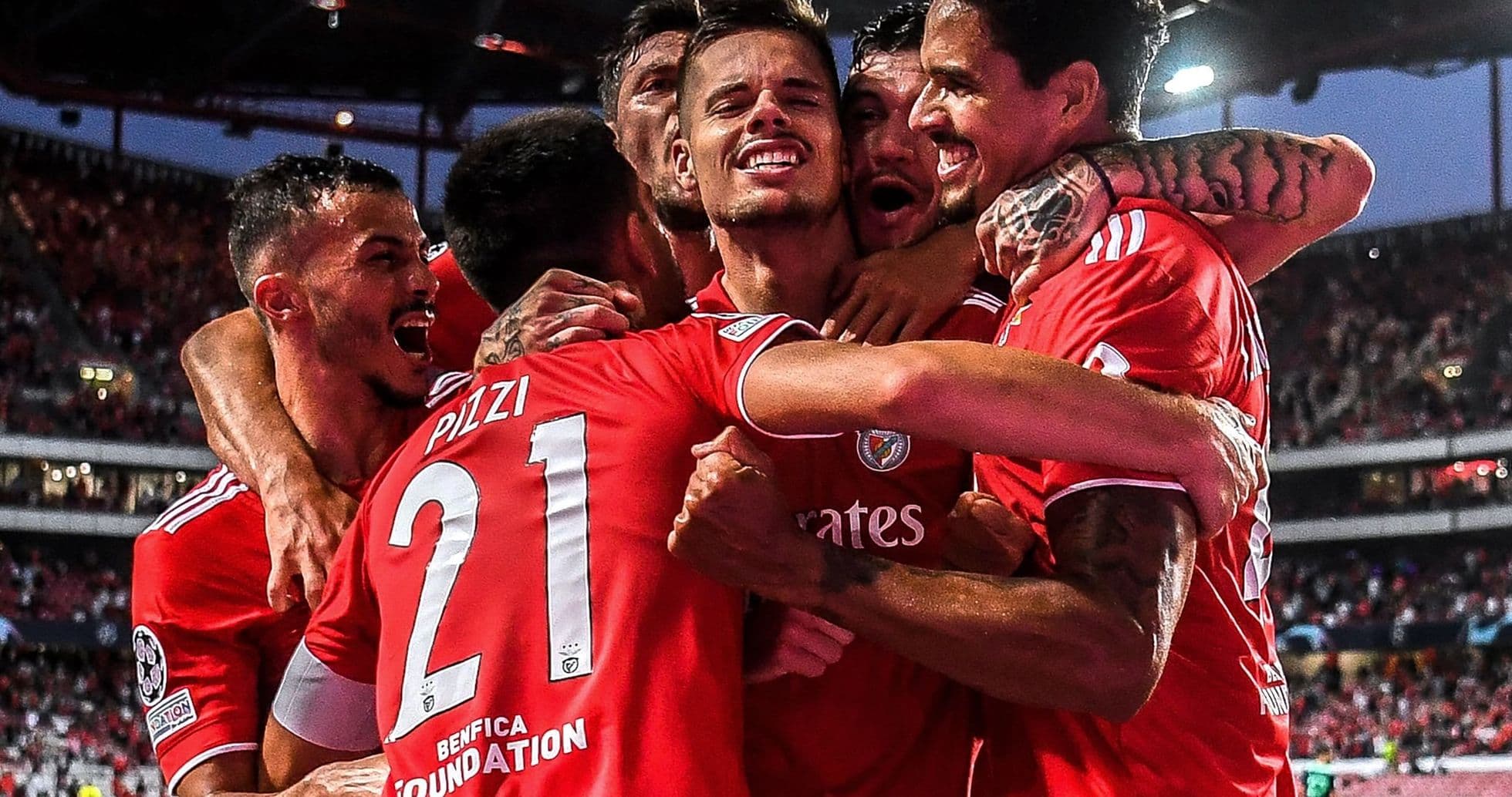Benfica players celebrating a goal during match