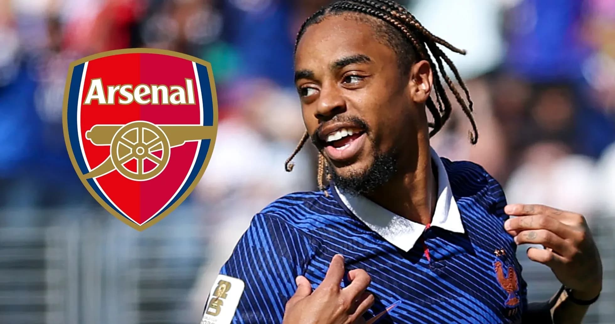 Player celebrating with Arsenal logo in background