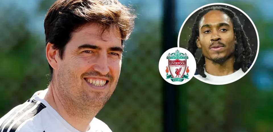 Liverpool coach smiling with player profile overlay
