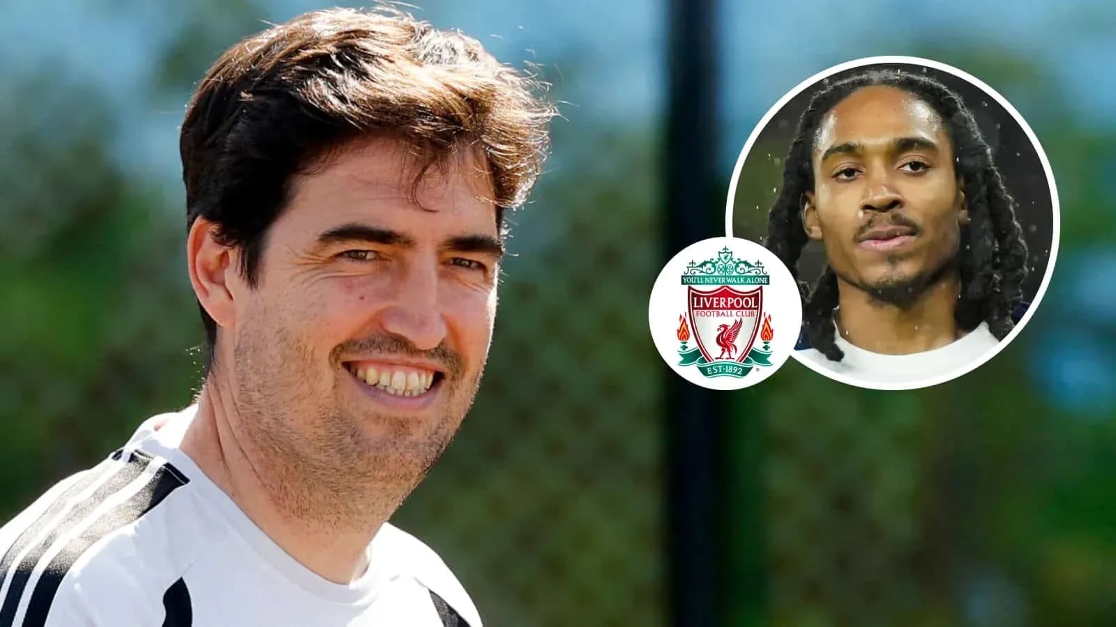 Liverpool coach smiling with player profile overlay