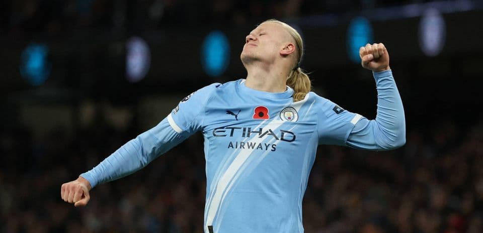 Erling Haaland celebrating during Manchester City match
