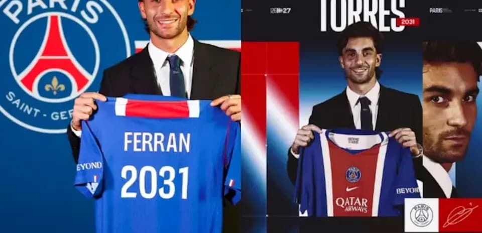 Ferran Torres presenting PSG jersey during signing event
