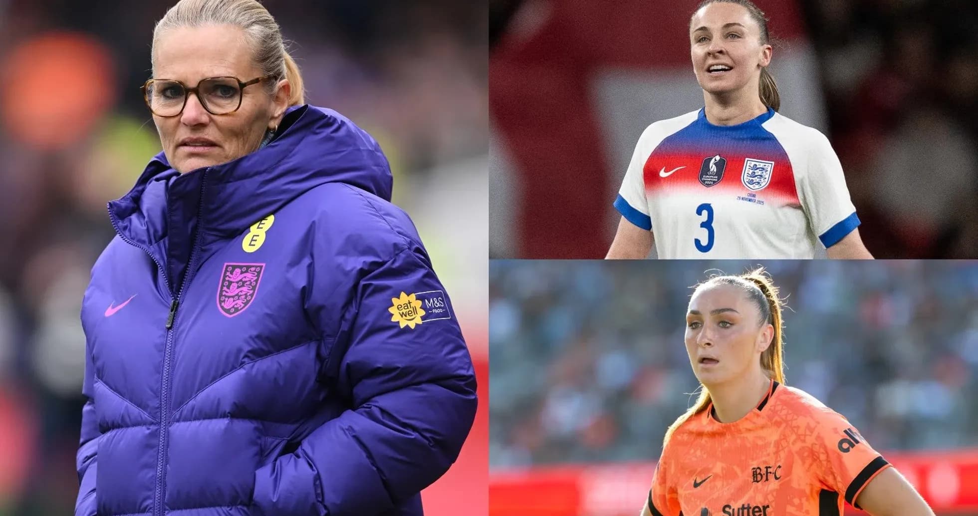 Three female football players in various team kits