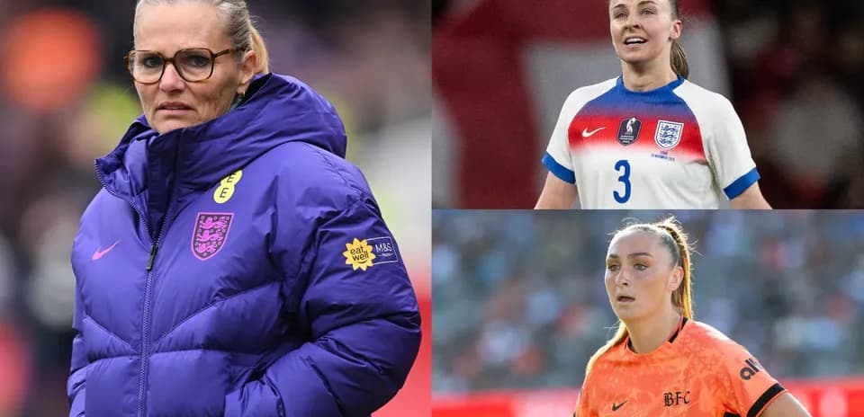 Three female football players in various team kits