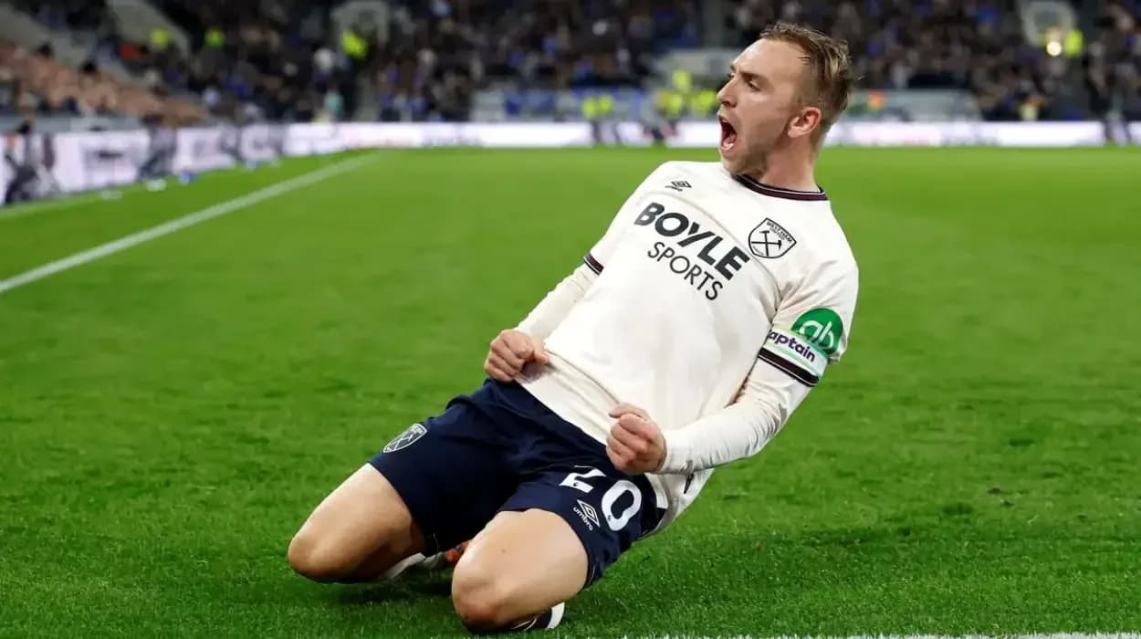 West Ham player celebrating a goal on pitch