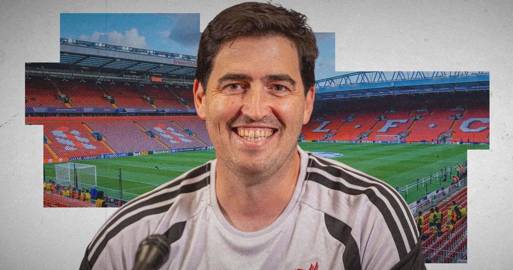 Smiling man in Liverpool jersey at Anfield stadium