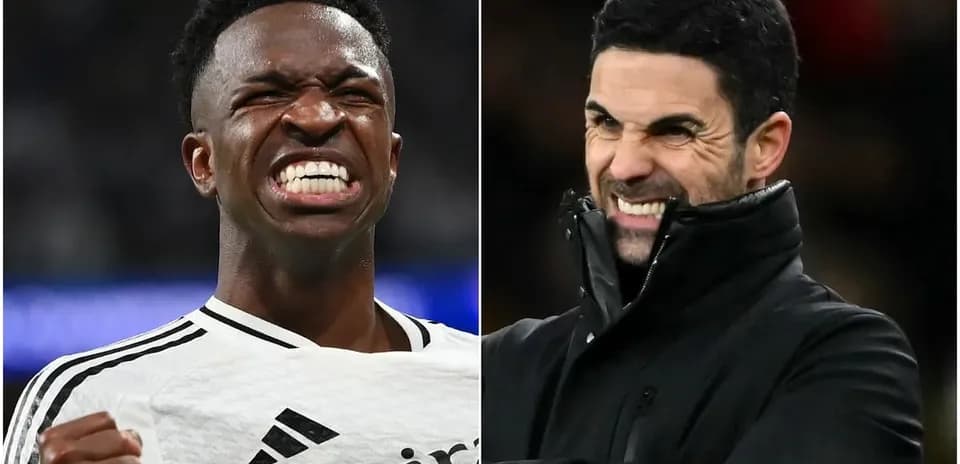 Vinicius Jr. celebrating and Mikel Arteta reacting