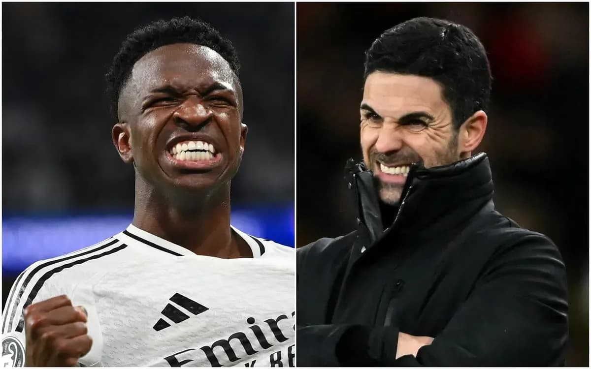 Vinicius Jr. celebrating and Mikel Arteta reacting