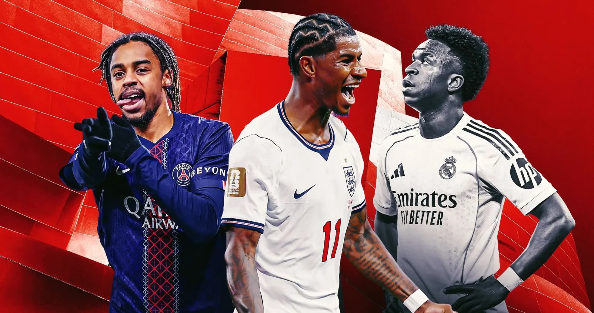 Three soccer players from different teams posing together