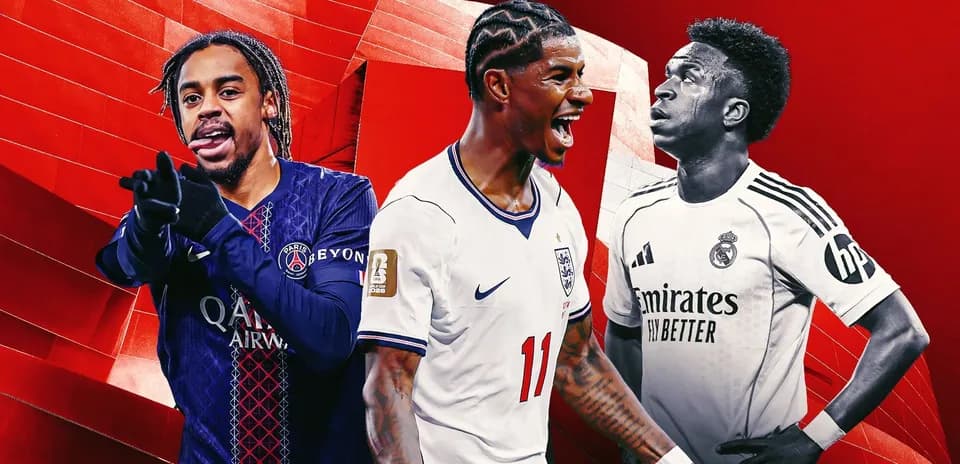 Three soccer players from different teams posing together