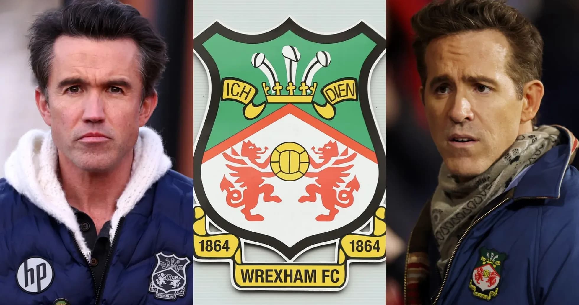 Two men beside Wrexham FC club logo