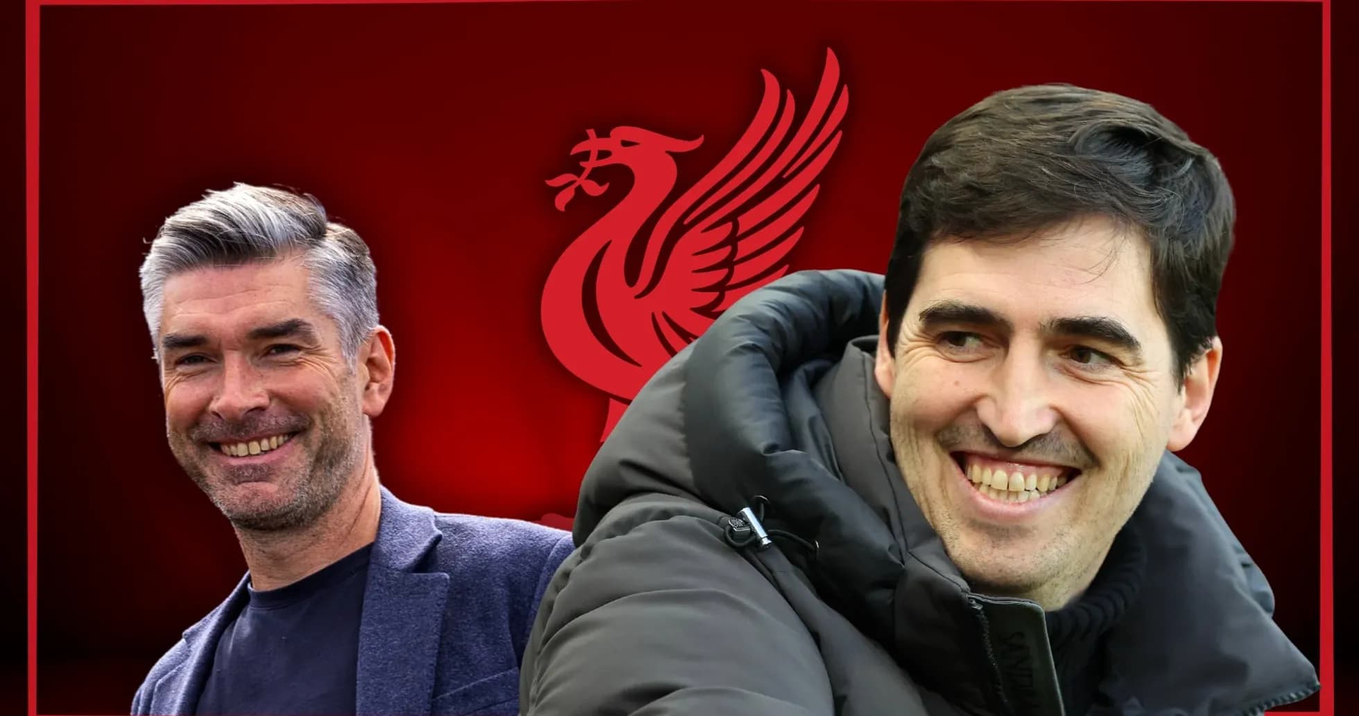 Two coaches smiling with Liverpool logo background