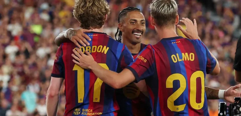 Barcelona players celebrating a goal together