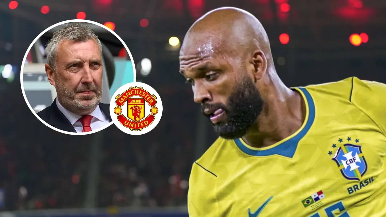Player in Brazil kit during match with Manchester United logo