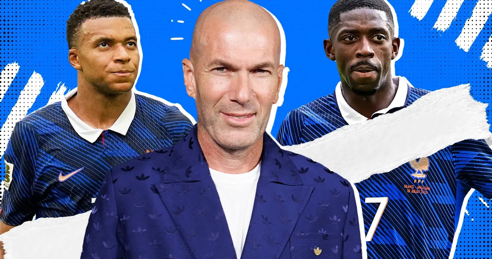 Mbappé, Zidane, and Dembélé in France kits