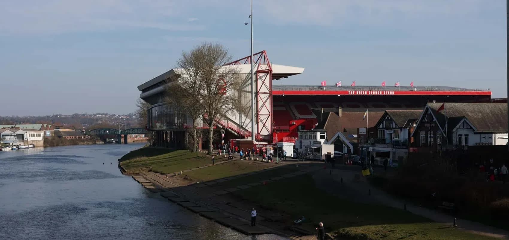 River view of stadium and nearby buildings