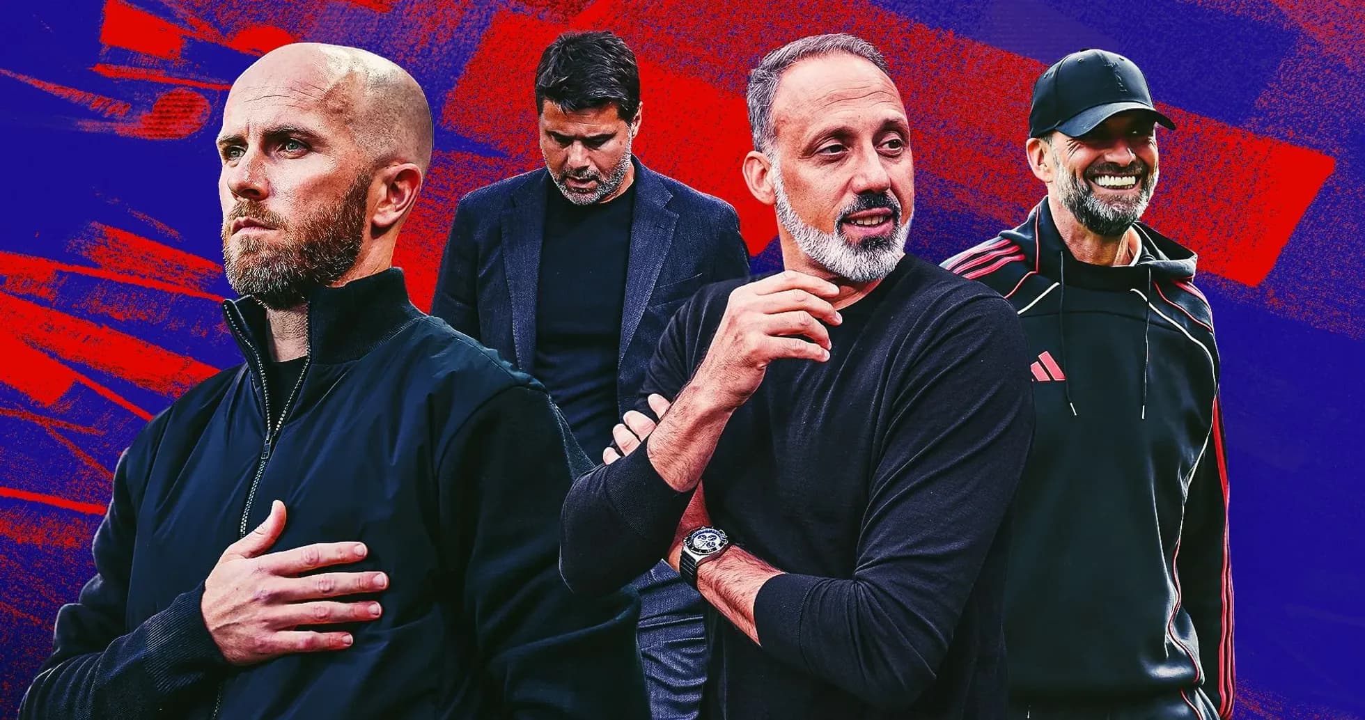 Four football managers in a colorful background