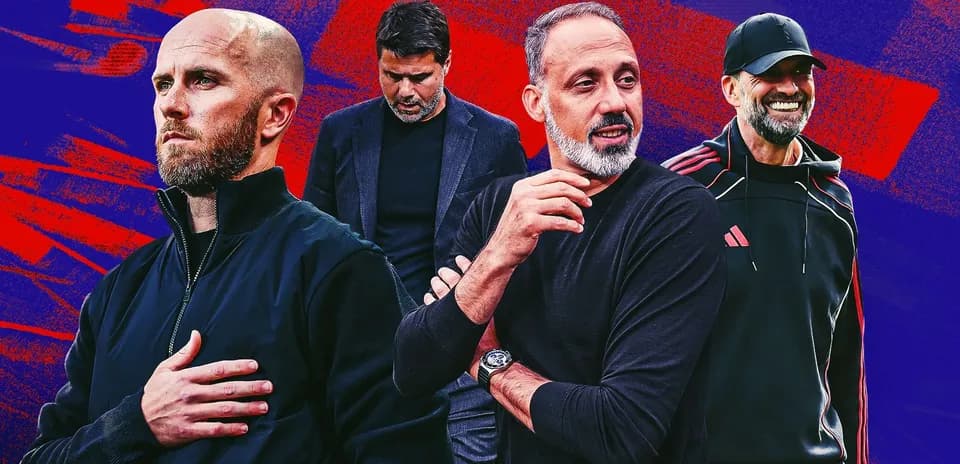 Four football managers in a colorful background