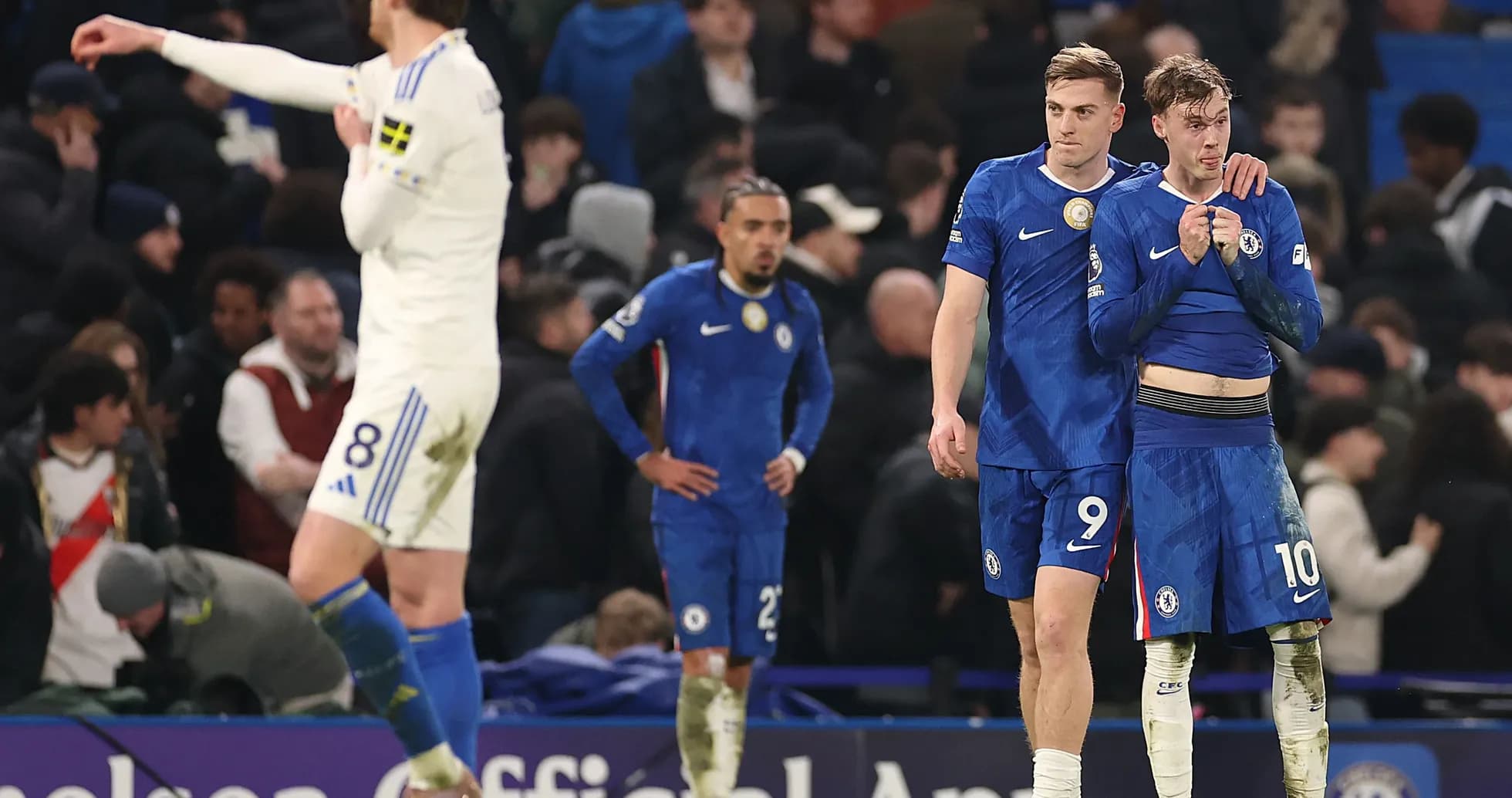 Chelsea players reacting after match against Leeds United