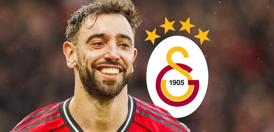 Bruno Fernandes smiling with Galatasaray logo background