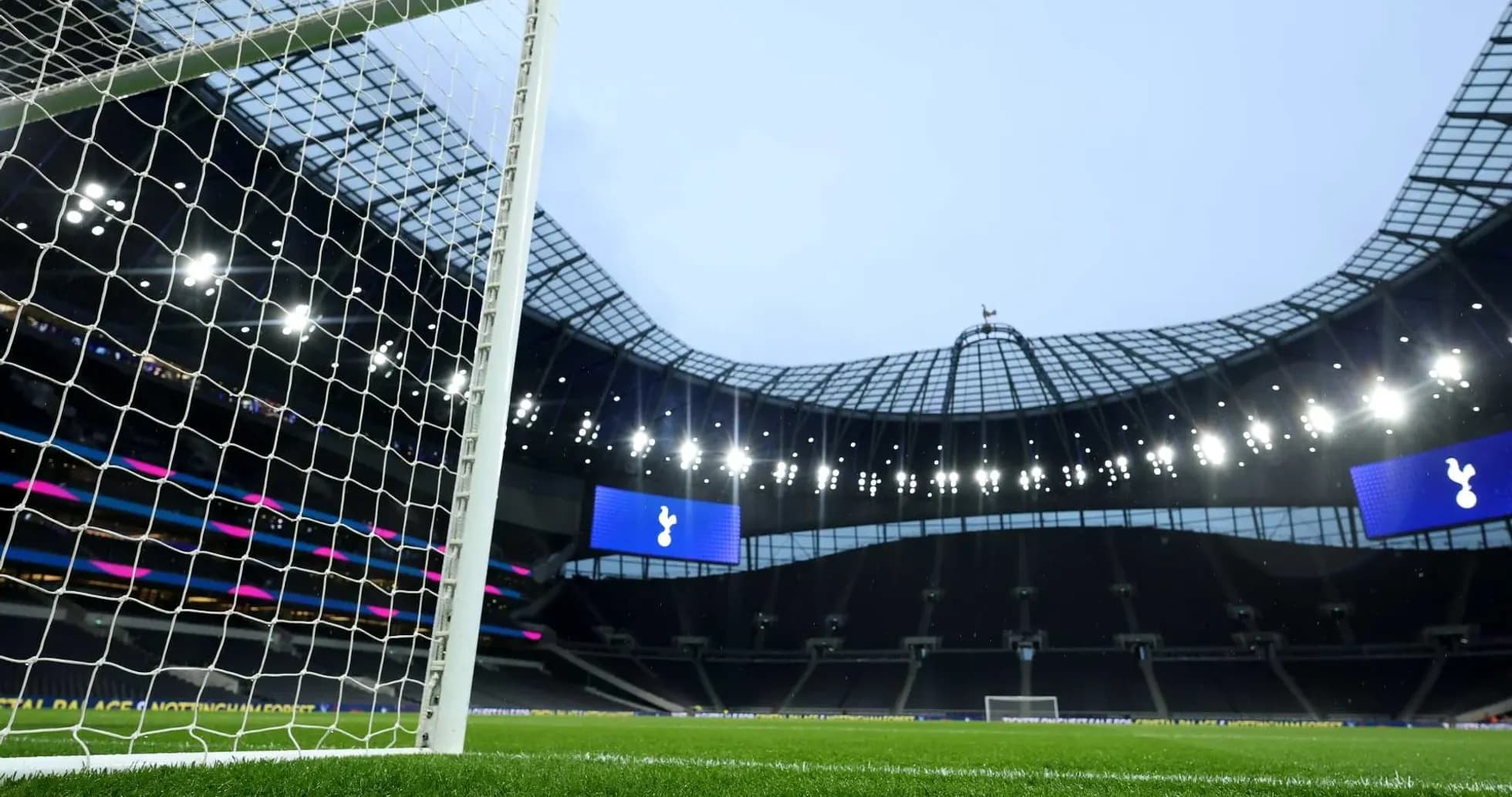 View of goalpost and stadium interior at Tottenham Hotspur
