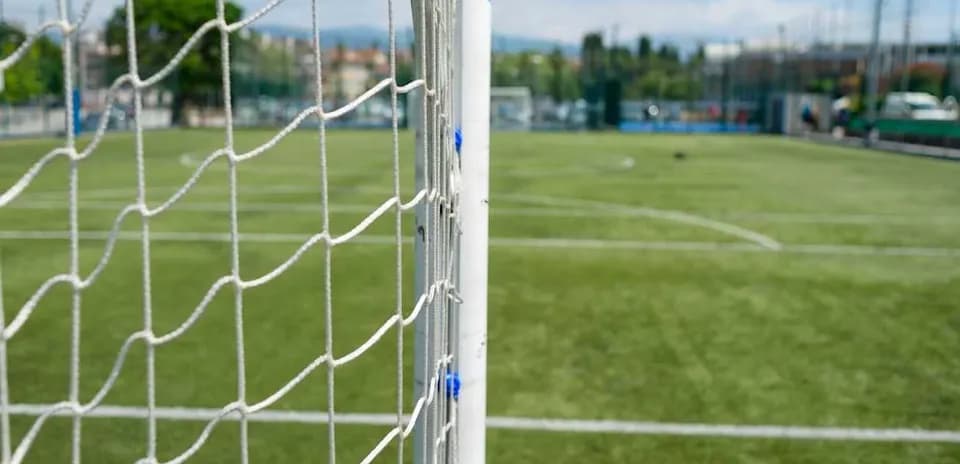 Close-up of soccer goal on a pitch