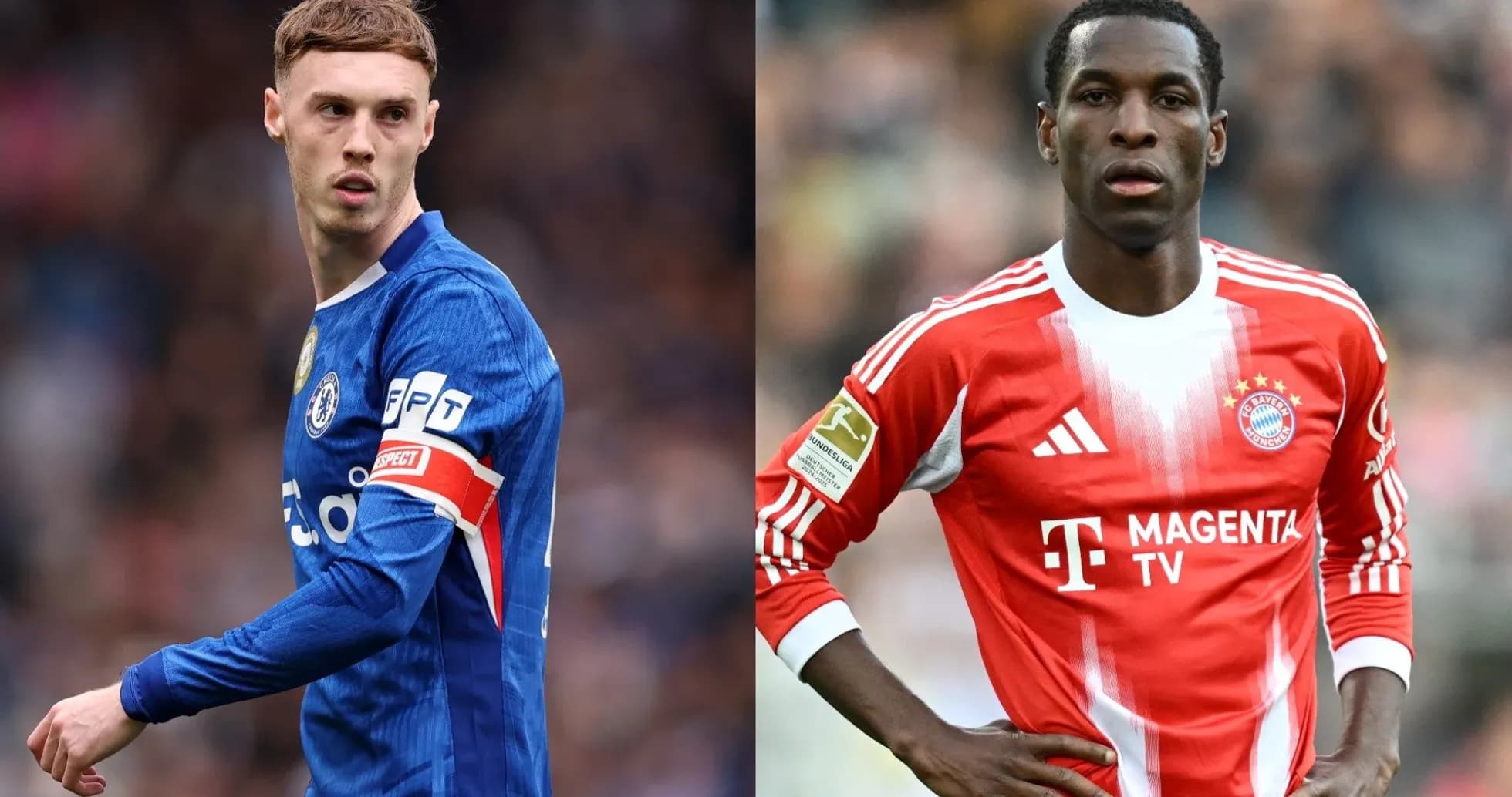 Two football players in team kits on field