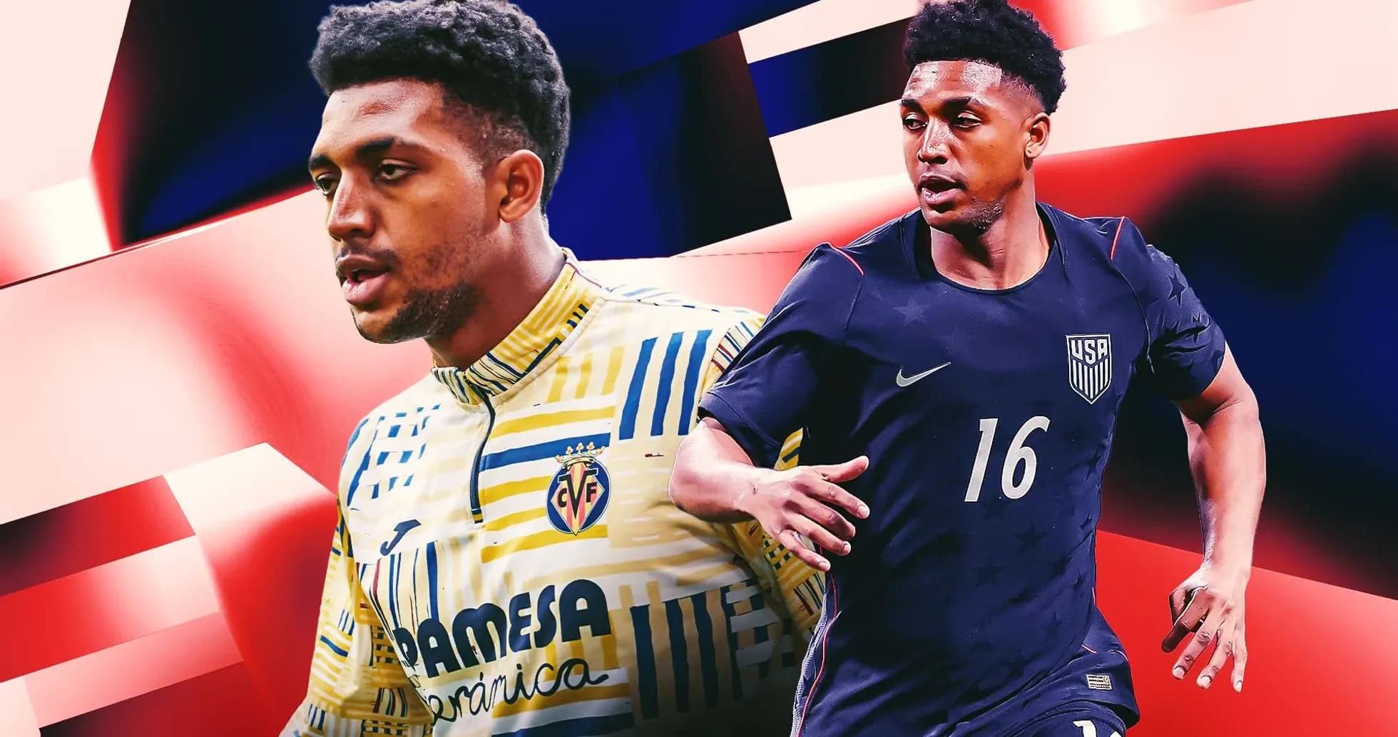 Two soccer players in action with abstract background