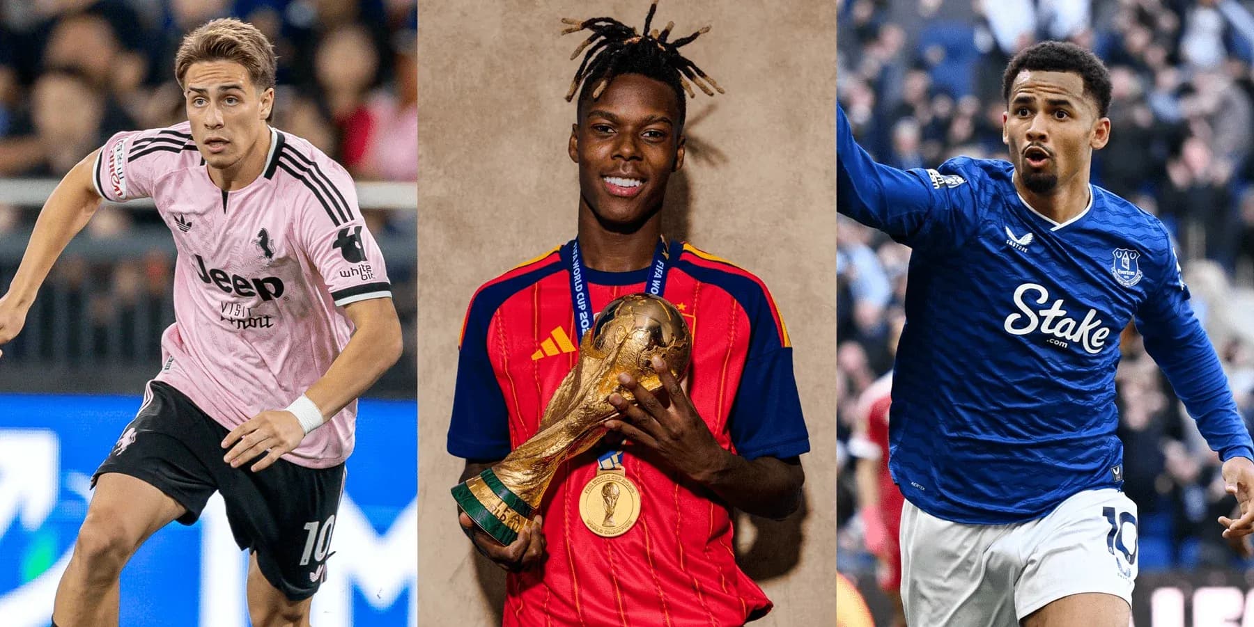 Three football players in action and celebration