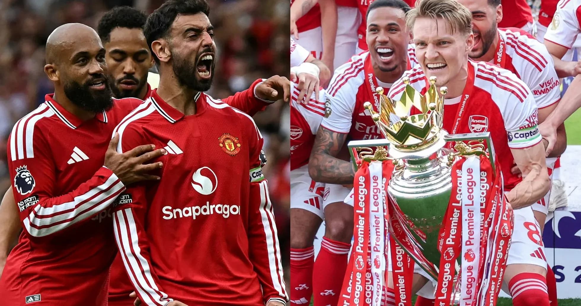 Manchester United players celebrating, Arsenal lifting trophy