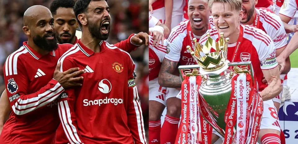 Manchester United players celebrating, Arsenal lifting trophy